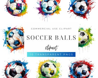 10 Soccer Balls png, Watercolor Clipart PNG, Soccer posters, Soccer printable art, Sublimation, Commercial use, Digital Download