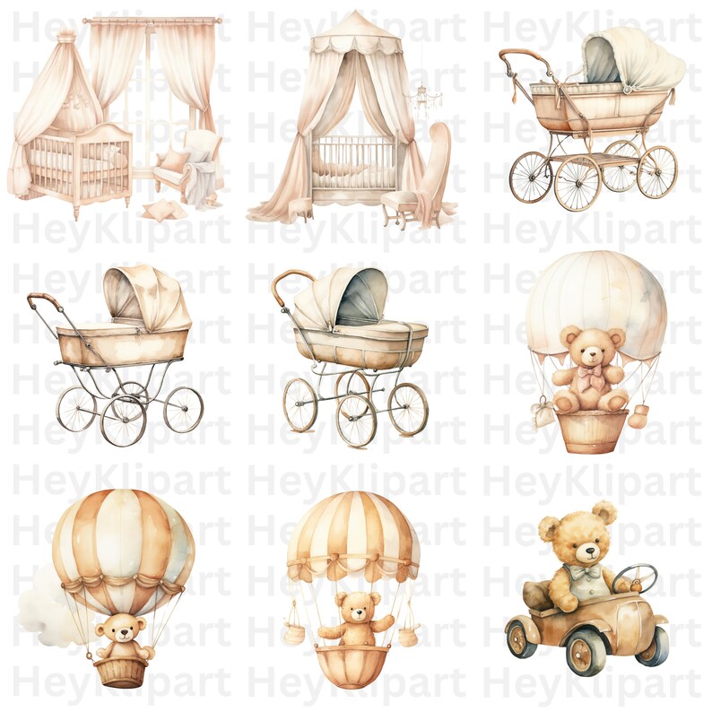Neutral Teddy Bear Watercolor Clipart: Baby Shower PNG (digital ...