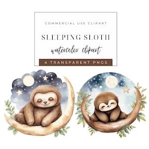 Sleeping Sloth Clipart - 4 Watercolor PNGs -  Cute Baby Shower Png - Junk Journaling - Commercial Use - Digital Paper Craft - Nursery Decor