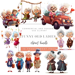 Lustige alte Damen Clipart, lustige alte Leute, süße Omas, ältere Clipart, alte Damen PNG Bundle, fröhliche alte Dame