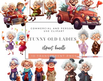 Clipart drôle vieilles dames, personnes âgées drôles, mignonnes mamies, clipart personnes âgées, vieilles dames PNG Bundle, joyeuse vieille dame