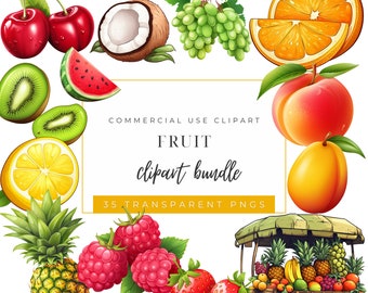 Pacote de clipart de frutas, PNG de frutas, conjunto de clipart, 35 PNGs, fundo transparente, clipart de frutas de verão