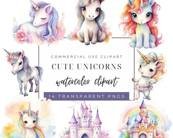 以下が含まれることがあります： かわいいユニコーンと城が描かれた水彩のクリップアート画像14点セット。ユニコーンは様々なポーズで描かれており、中には花や虹を持ったものもいます。城はピンクとイエローで、塔や窓があります。画像の下には「COMMERCIAL USE CLIPART CUTE UNICORNS watercolor clipart 14 TRANSPARENT PNGS」というテキストがあります。