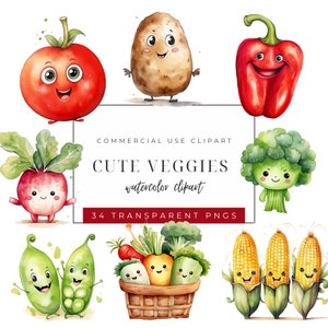 Watercolor Cute Veggies Clipart -  Funny Vegetable PNG images - Instant Download  - Commercial Use - Transparent background