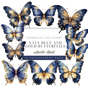 Pacote de clipart de borboletas azul marinho e dourado - PNGs transparentes - Clipart de borboleta aquarela - Ilustrações - Gráficos - Uso comercial