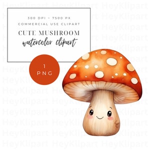 Cute Mushroom Clipart - 1 Single PNG - Commercial Use - Forest Fungi - Transparent Background - Watercolor Wall Art - Instant Download