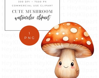 Cute Mushroom Clipart - 1 Single PNG - Commercial Use - Forest Fungi - Transparent Background - Watercolor Wall Art - Instant Download