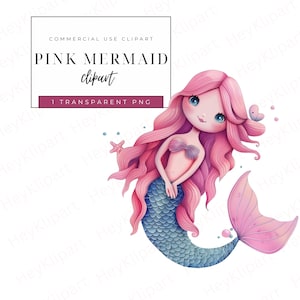 Cute Mermaid Clipart, 1 PNG, High Quality, Instant Download Images, Commercial Use, Whimsical Mermaid Clipart, Pink Mermaid