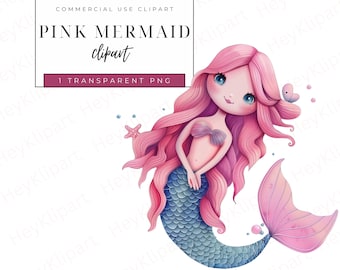 Süße Meerjungfrau Clipart, 1 PNG, hohe Qualität, Sofort-Download-Bilder, kommerzielle Nutzung, Wunderliche Meerjungfrau Clipart, rosa Meerjungfrau