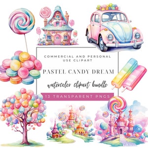 Snoep aquarel clipart, fantasie snoepjes, pastel verjaardag clipart, wereld van snoep, snoepkaarten, lollies, hoge kwaliteit png's, snoephuizen