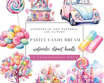Watercolor Candy Clipart: Pastel Birthday PNGs (Digital Download)