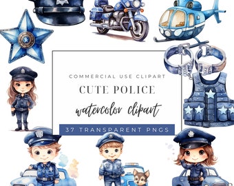 Police Watercolor Clipart, Cute Police Clipart Bundle, Police Badge, Cop Vehicles, Police PNG Party Supplies, Birthday Party, Police animals