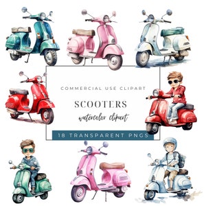 Watercolor Vintage Scooters Clipart - High Quality PNG images - Commercial use - Moped Travel - Instant Download