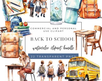 Watercolor Back To School Clipart, School bus, Backpack, Pencil, Notebook PNGs, Instant Download, Commercial and Personal Use