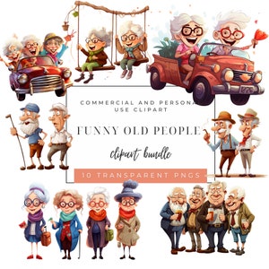 Funny Old People Clipart - Funny Old Ladies and Men - Cute Grandmas and Grandpas - Elderly PNG Bundle - Cheerful Old People