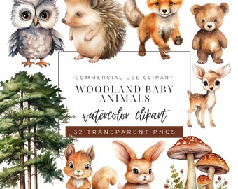 Watercolor Woodland Animals Clipart: 32 PNG Forest Creatures (Commercial Use)