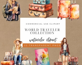 Watercolor Traveling Girl, Girl with Suitcase Clipart Pack, Commercial use, Transparent PNGs, Adventure Clip Art, Travel the World clipart