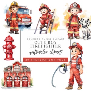 29 Cute Fire Department Watercolor Clipart PNG, Fire Station Fireman, PNG Clipart, Fire Fighter Fire Truck Birthday, Boy Firefighter