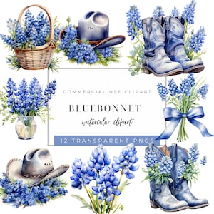 Bluebonnets Aquarell Clipart, Cowboy-Stiefel, hochwertige PNGs, digitaler Download, Blumen Wildblumen Clip Art, Texas Bluebonnet, Cowboy-Hut