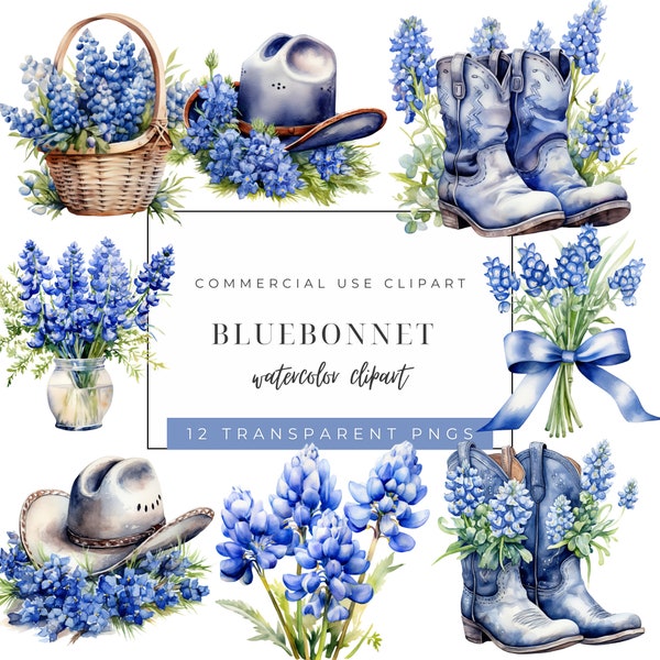 Bluebonnets aquarel clipart, cowboylaarzen, hoge kwaliteit PNGs, digitale download, Floral Wildflower illustraties, Texas Bluebonnet, cowboyhoed