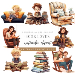 Paquete de imágenes prediseñadas de acuarela para amantes de los libros, fondo transparente, lectura acogedora, caída en la lectura, amante de los libros boho, uso comercial