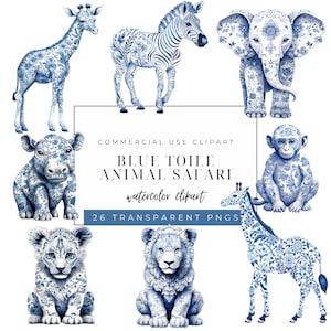 Blauwe Toile Clipart Safari Dieren - Aquarel Toile De Jouy Clipart - Vintage Blue Baby Shower Clip Art - Chinoiserie Jungle Dieren
