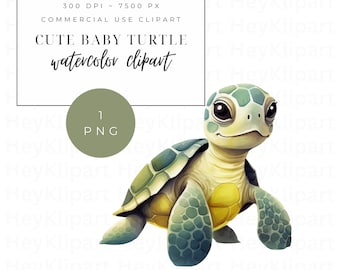 Cute Baby Turtle Watercolor Clipart - 1 Single PNG - Commercial Use - Transparent Background - Kids Sea Animal Clip Art - Instant Download