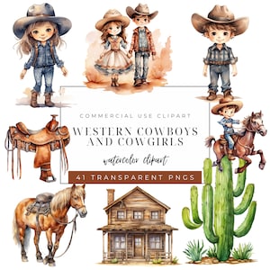 Cute Cowboy and Cowgirl Clipart - Wild West Clipart - Baby Western Clipart - Watercolor Western Ranch - Cactus PNG - Saddle Clipart