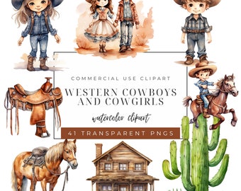 Clipart de vaquero en acuarela: Paquete PNG de rancho del salvaje oeste (41 imágenes transparentes)