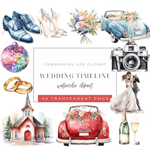 Wedding Timeline Clipart - Watercolor Wedding Clipart - Wedding Day PNGs - Wedding Elements - Wedding Cake Clipart