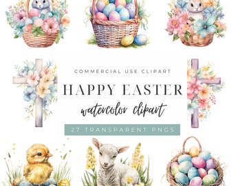 Watercolor Easter Clipart, Pastel Easter Clip Art, Easter Bunny, Spring Clipart, Happy Easter PNG, Cozy Easter
