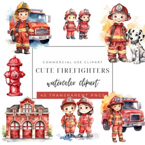 45 Fire Department Watercolor Clipart Bundle PNG, Fire Station, PNG Clipart, Fire Fighter Fire Truck Birthday, Girl and Boy Firefighter