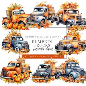 Pumpkin Pickup Truck Clipart - Watercolor Autumn Scene - Pumpkin Harvest - Commercial Use - Fall Farm Life - Transparent PNGs - Thanksgiving