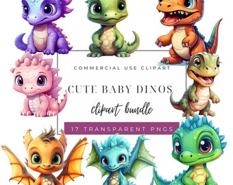 Cute Dinosaurs Clipart, Dino Theme Party printables, Baby Dinosaur Clip Art, Dino Party, Digital Download, T-Rex, High Quality PNG