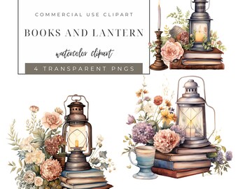 Clipart antieke aquarelboeken en lantaarn: bloemen, png (digitale download)