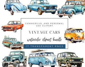 Vintage auto's clipart bundel - aquarel PNGs-afbeeldingen - Home Decor voor autoliefhebbers - DIY-projecten