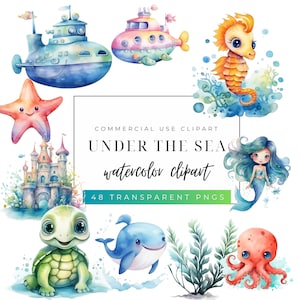 Unter dem Meer Aquarell Clipart, niedlichen Ozean Tier Clip Art, Unterwasser Babyparty, kommerzielle Nutzung PNG, DIGITAL DOWNLOAD