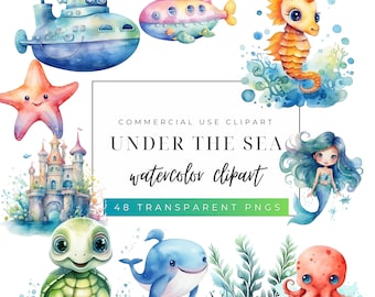 Under The Sea Watercolor Clipart, Cute Ocean Animal Clip Art, Undersea Baby Shower, Under Water Commercial Use PNG, DIGITAL DOWNLOAD