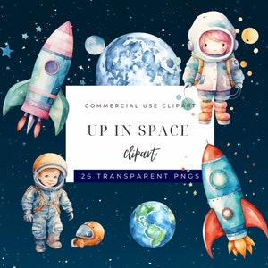 Watercolor Space Clipart Bundle, Astronaut Spaceship, Astronaut Nursery, Rocket Clipart, Space Birthday, Sun and Moon PNG, Instant Download