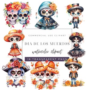 Tag der Toten Aquarell Clipart - Dia de los Muertos - Kommerzielle Nutzung PNG Grafiken - Mexikanische Catrina - Mariachi - Mexikanische Feier