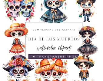 Day of the Dead Watercolor Clipart - Dia de los Muertos - Commercial Use PNG Graphics - Mexican Catrina - Mariachi - Mexican Celebration