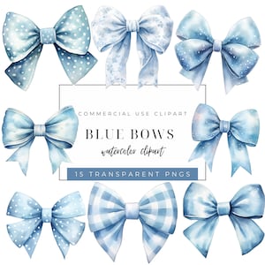 Clipart acquerello fiocco blu, fiocco a quadretti di jeans, immagini PNG di alta qualità, Download istantaneo, creazione di cartoline, diari spazzatura, creazione della carta