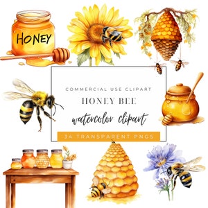 Puede incluir: Conjunto de clipart de acuarela con abejas, panales, tarros de miel y girasoles. El conjunto incluye 34 archivos PNG transparentes para uso comercial.