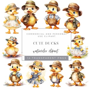 Clipart aquarela de pato fofo - Clipart de chá de bebê - Imagens digitais de patinho - Gráficos de berçário - Uso comercial
