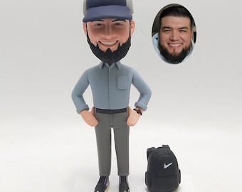 Personalized Boss Man Bobblehead with Backpack, Custom Bearded Office Gift for Manager Desk Display