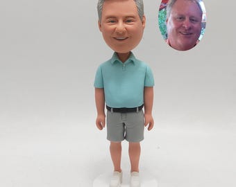 Custom Older Man Bobblehead, Figurine from Photo, Casual Polo Shirt Style