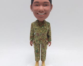 Custom Female Army Bobblehead in Camouflage Uniform, Personalized Military Gift for Soldier, Veteran, Retirement