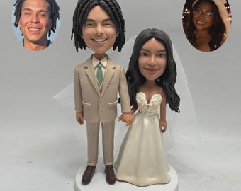 Wedding Cake Topper, Beige Suit Groom Bobblehead, Custom Figurine from Photo