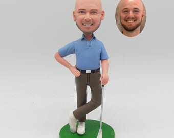 Golf Bobblehead, Custom Golfer Figurine from Photo, Bald Man Blue Polo