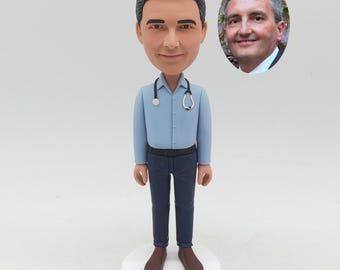 Doctor Bobblehead, Custom Figurine from Photo, Physician in Blue Shirt